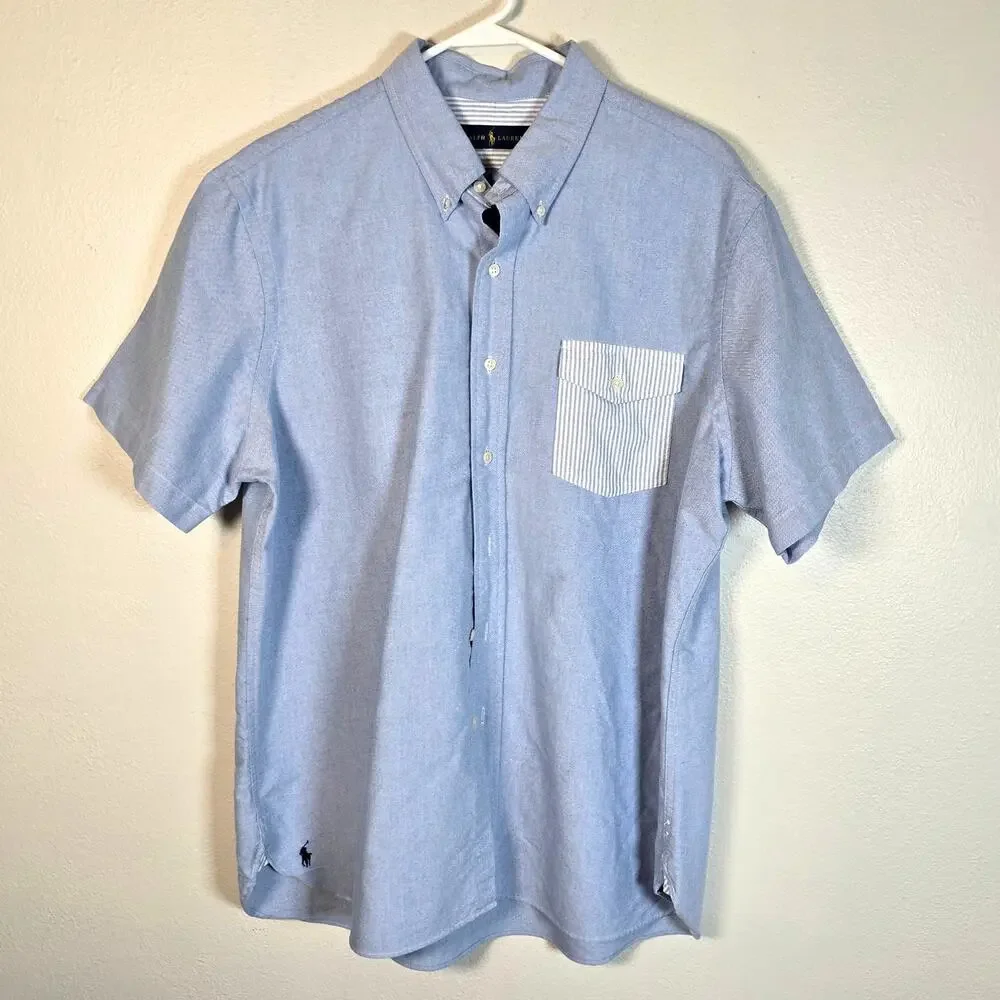 Polo Golf Ralph Lauren Shirt L Blue Cotton Oxford Contrast Pocket Preppy Classic